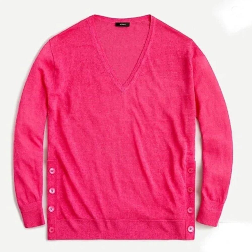 NWT J.Crew Magenta Pink V-Neck Linen Sweater with side Buttons LARGE